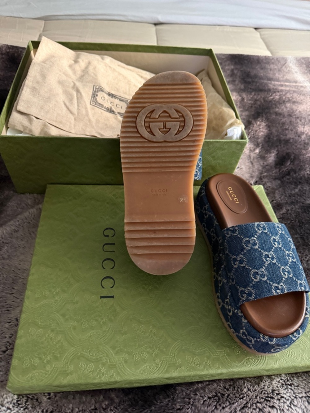 Gucci Denim GG Canvas Slide Sandals in Blue and Brown